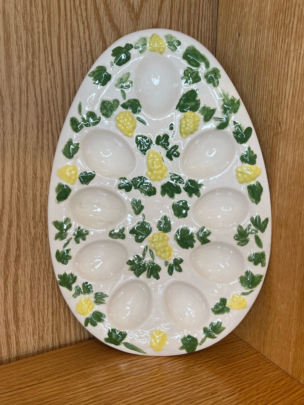 Vintage Hand-Painted Ceramic Egg-Shaped Deviled Egg Platter – Grapes & Vines